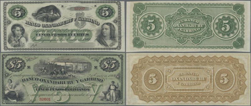 Argentina: BANCO OXANDABURU Y GARBINO pair with 5 Pesos Fuertes 1869 remainder P...