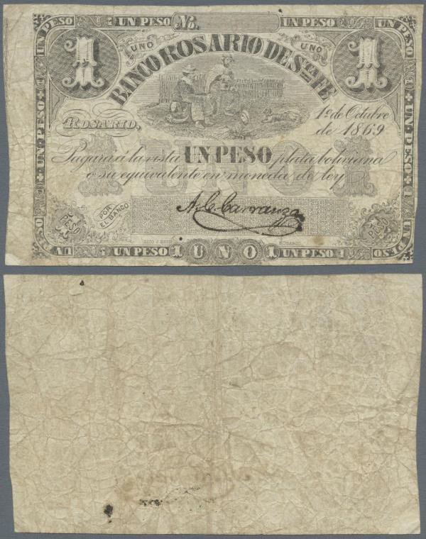 Argentina: Banco Rosario de Santa Fe 1 Peso 1869, P.S1854a, still nice note in o...