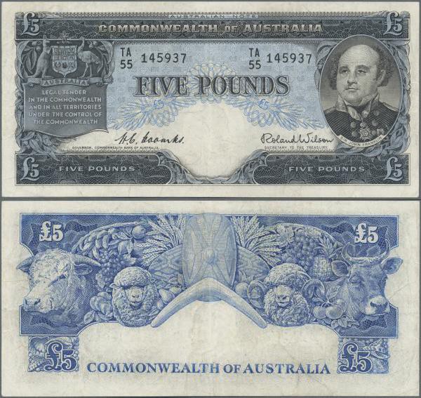 Australia: Commonwealth of Australia 5 Pounds ND(1954-59), P.31, still nice with...