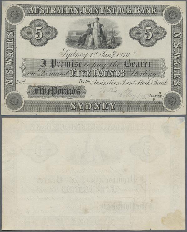 Australia: Australian Joint Stock Bank 5 Pounds 1876 intaglio printed uniface fr...