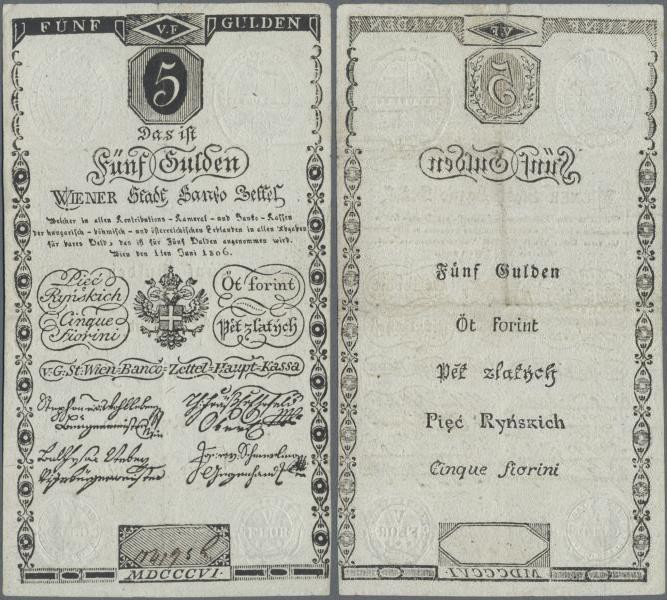 Austria: Wiener Stadt Banko-Zettel 5 Gulden 1806, P.A38, great original shape an...