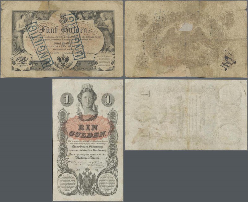 Austria: 1 Gulden 1858 P.A84 (F+) and 5 Gulden 1866 P.A151 (F-). (2 pcs.)
 [plu...