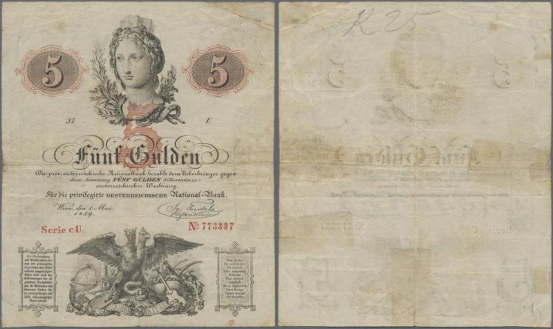 Austria: 5 Gulden 1859, P.A88, still nice and strong paper, traces of tape on ba...