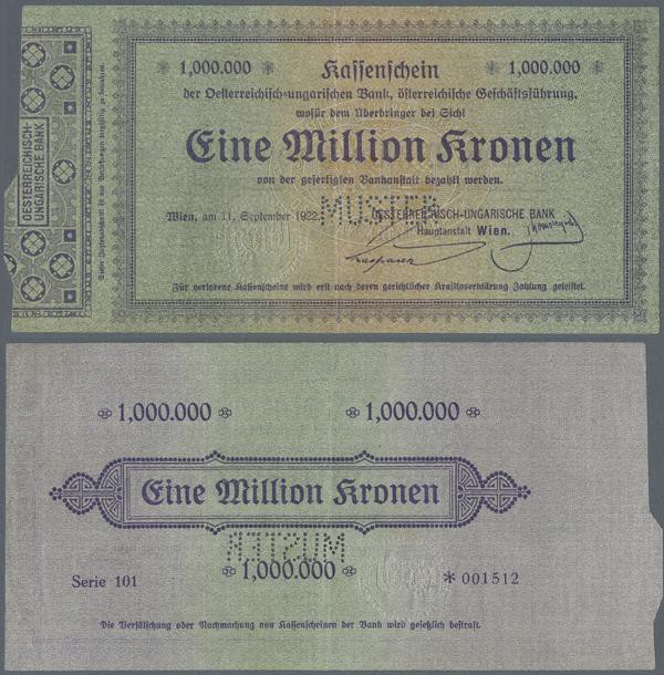 Austria: 1.000.000 Kronen 1922 P. 82s with ”Muster” perforation at center, highl...