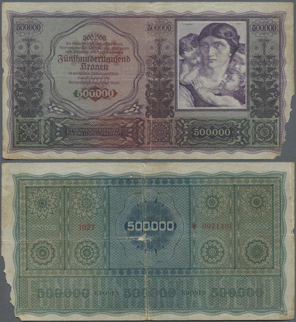 Austria: 500.000 Kronen 1922 P. 84a, large size note, unfortunately with a large...
