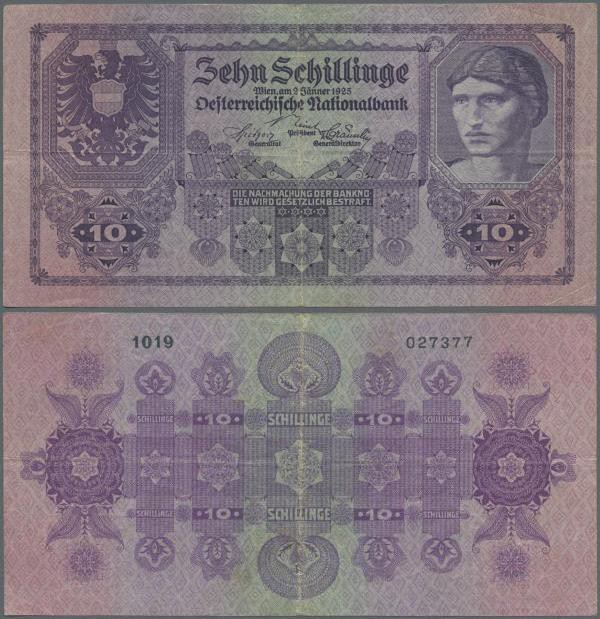 Austria: 10 Schilling 1925 P. 89, stronger center fold, horizontal fold and crea...