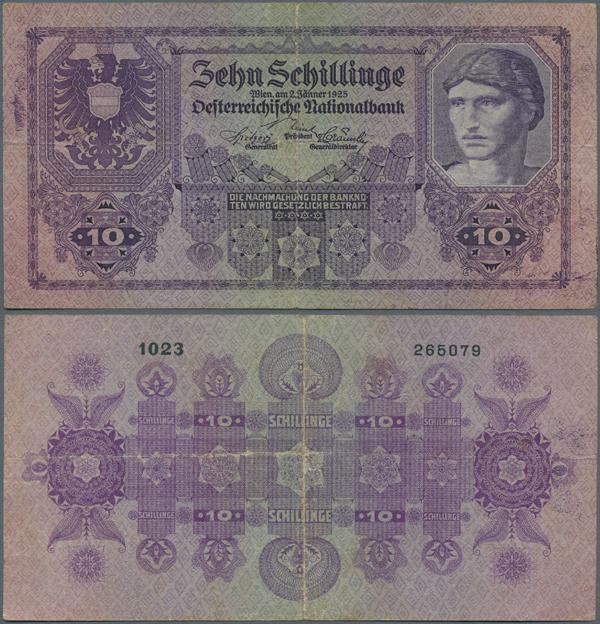 Austria: 10 Schilling 1925 P. 89, strong center and strong horizontal fold (visi...