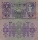 Austria: 10 Schilling 1925 P. 89, strong center and strong horizontal fold (visible on back), staining at upper left and lower right, nearly a center ...