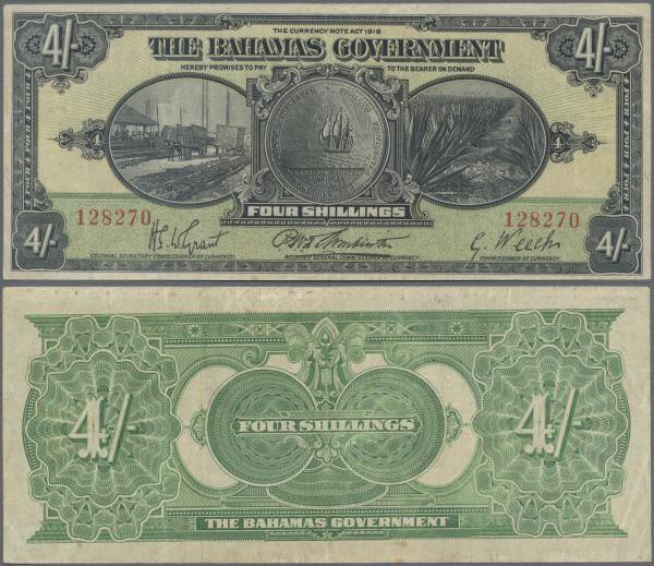Bahamas: 4 Shillings 1919, P.2, nice and original shape with a few folds and lig...