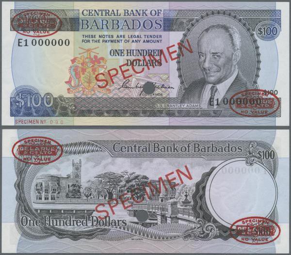 Barbados: 100 Dollars 1973 SPECIMEN, P.35s, punch hole cancellation and overprin...