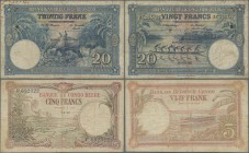 Belgian Congo: 5 Francs 1930 P.8e (F) and 20 Francs 1948 P.15f (F-). (2 pcs.)
 [plus 19 % VAT]