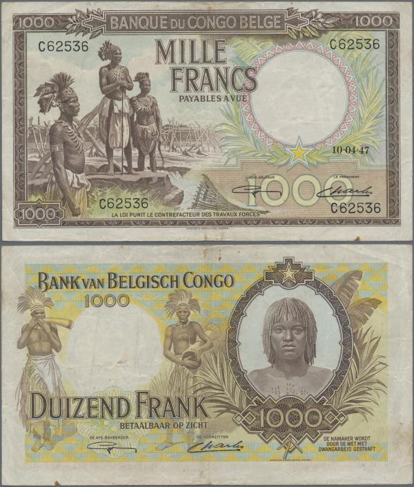 Belgian Congo: 1000 Francs 1947, P.19a, great and highly rare banknote, rusty sp...