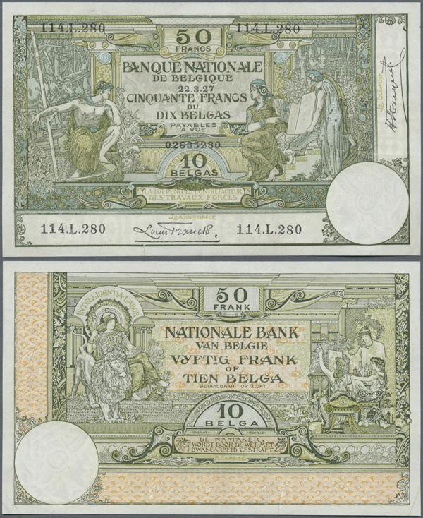 Belgium: 50 Francs - 10 Belgas 1927 P. 99, rare note, light center fold, light c...