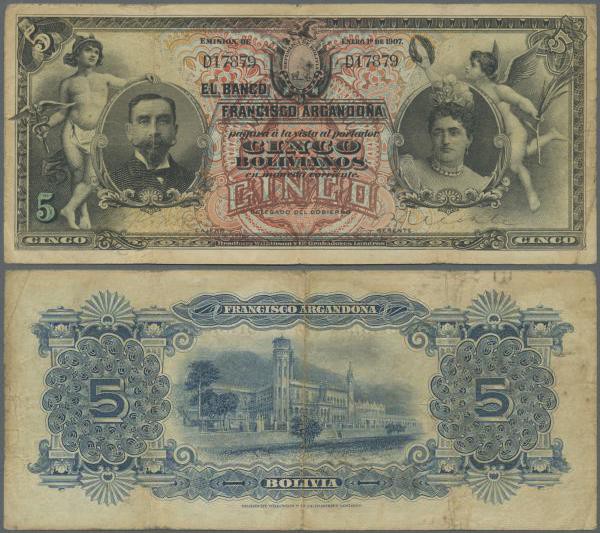Bolivia: Banco Francisco Argandoña 5 Bolivianos 1907, P.S150, lightly stained pa...