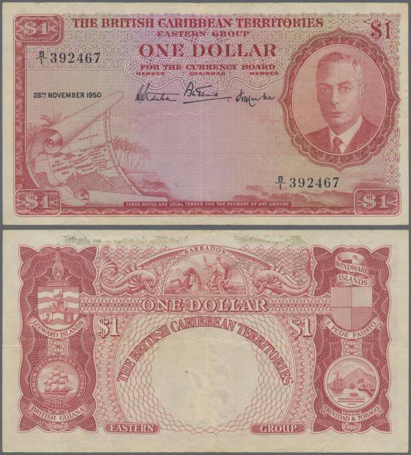 British Caribbean Territories: 1 Dollar 1950, P.1, lightly toned paper with a fe...