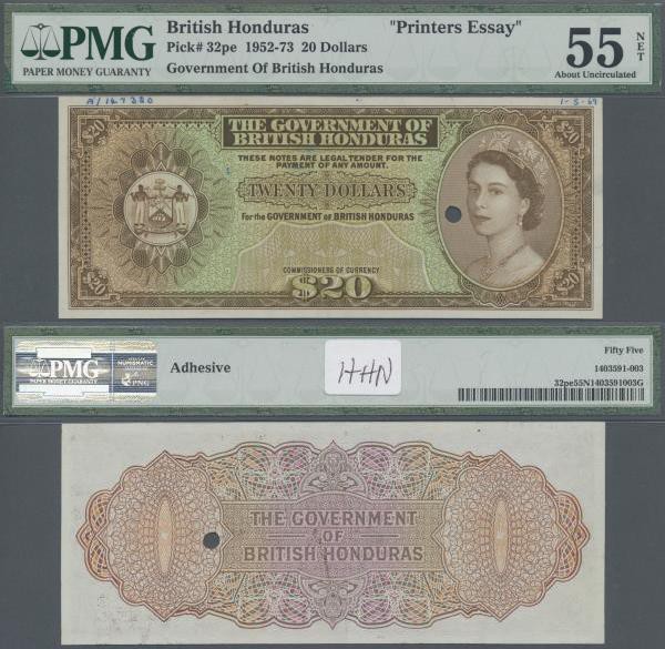 British Honduras: Government of British Honduras 20 Dollars 1952-73 Printers Ess...