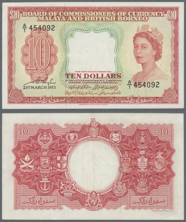 British North Borneo: 10 Dollars 1953 P. 3, pressed but still strongness in pape...