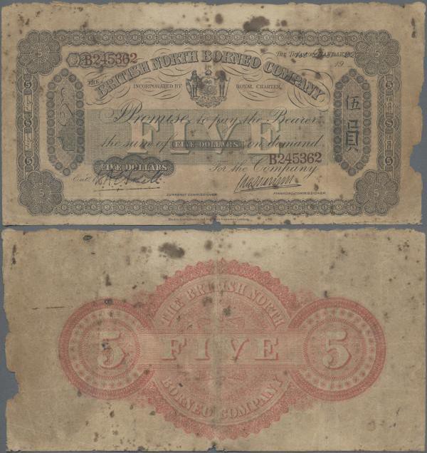 British North Borneo: The British North Borneo Company 5 Dollars 1922, P.4b, ext...