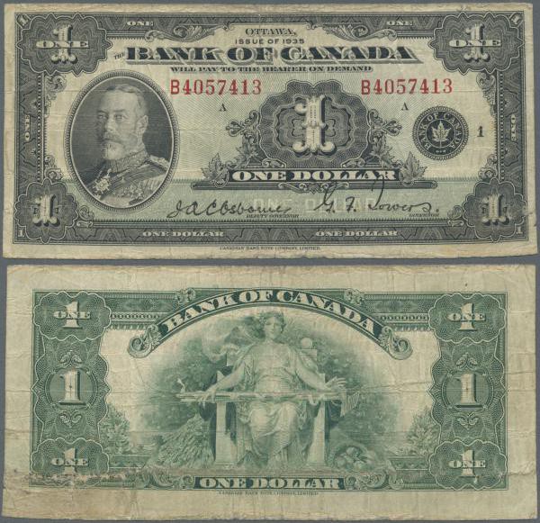 Canada: Bank of Canada 1 Dollar 1935, P.38, some small border tears, toned paper...