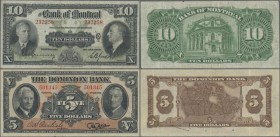 Canada: The Dominion Bank 5 Dollars 1938 P.S561 (VF) and The Bank of Montreal 10 Dollars 1938 P.S562b (F+). Nice and rare set. (2 pcs.)
 [plus 19 % V...