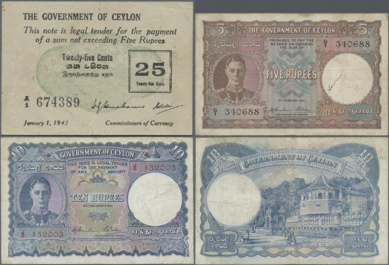 Ceylon: Nice group with 3 banknotes 5 Rupees 1941 P.32 (F), 10 Rupees 1941 P.36A...