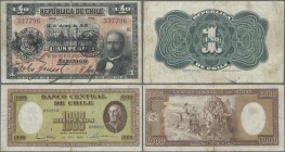 Chile: Nice set with Republica de Chile 1 Peso 1919 P.15b (VF) and 1000 Pesos Banco Central de Chile 1943 P.99 (F/F-). (2 pcs.)
 [plus 19 % VAT]