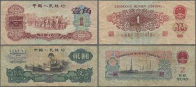 China: Peoples Republic of China pair with 1 Jiao 1960 P.873 in about F/F- condition with small border tears and 2 Yuan 1960 P.875a in F condition wit...