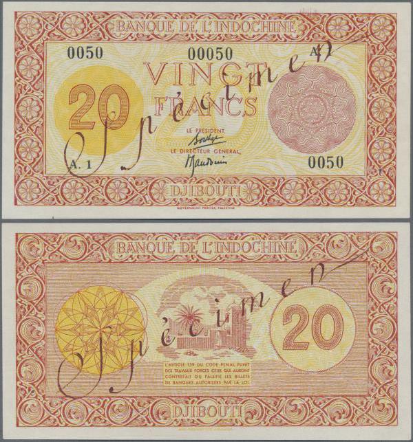 Djibouti: Banque de l'Indochine - Djibouti 20 Francs ND(1945) SPECIMEN, P.15s wi...