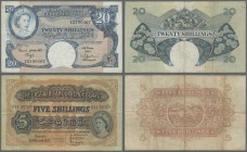 East Africa: The East African Currency Board 5 Shillings 1953 Elizabeth II at right P.33 (F/F+ with tiny hole at center) and 20 Shillings ND(1961) Eli...