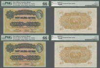East Africa: rare set of 2 CONSECUTIVE banknotes 20 Shillings = 1 Pound 1955 with serial #G79 53964 and G79 53963, both PMG graded 66 GEM UNC EPQ. (2 ...