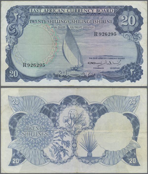 East Africa: 20 Shillings ND P. 47, S/N R926295, used with vertical and horizont...