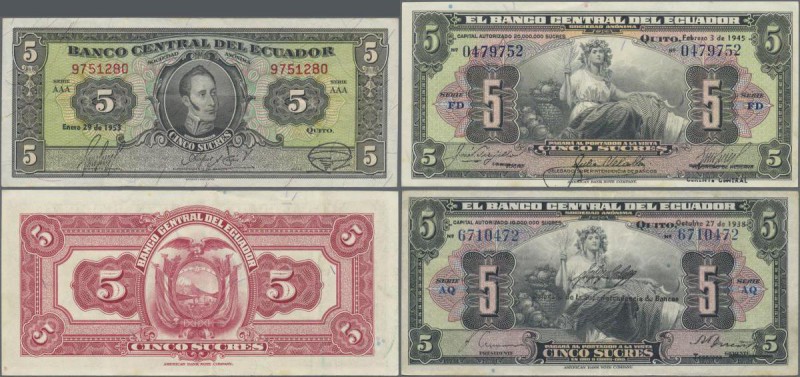 Ecuador: El Banco Central del Ecuador 5 Sucres 1938 P.84d (VF), 5 Sucres 1945 P....