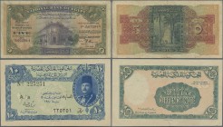 Egypt: Pair with 5 Pounds 1945 National Bank of Egypt P.19c in a nice Fine condition and 10 Piastres L.1940 Egyptian Currency Note P.168a in XF. (2 pc...