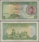 Egypt: 50 Pounds 1951 P. 26b, used with folds and creases, a few pinholes and minor border tears, nice colors, no repairs, writings on back side, cond...