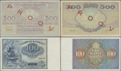 Estonia: Pair with 500 Marka ND(1920-21) Specimen with red overprint ”PROOV” P.49s F+ with small border tear) and 100 Krooni 1935 P.66 in aUNC. (2 pcs...