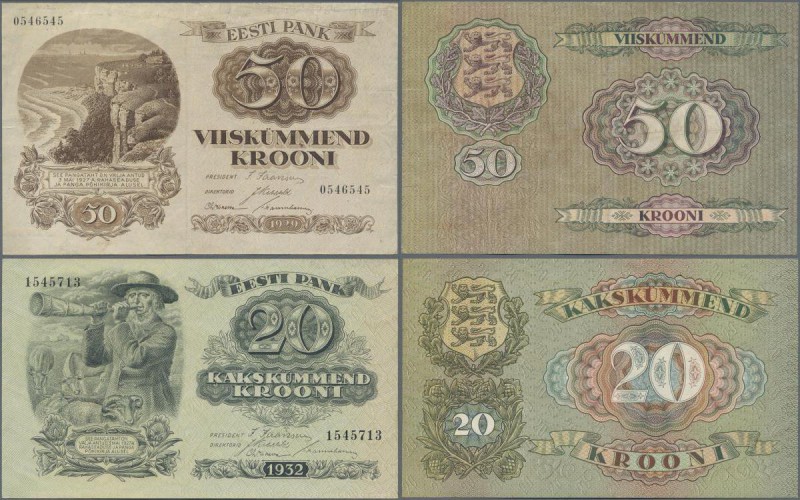 Estonia: Pair of 20 Krooni 1932 P.64 in aUNC and 50 Krooni 1929 P.65 in F/F+. (2...