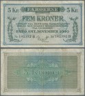 Faeroe Islands: 5 Kroner 1940 P. 10, several vertical folds but no holes or tears, paper still strong and colors are original bright, condition: F.
 ...
