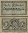 Finland: 5 Markkaa 1886 P. A50, used with several folds and lightly stained paper, tiny center hole but no tears, not repaired, condition: F.
 [taxed...