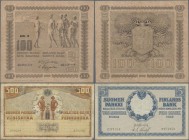 Finland: Very nice lot with 3 banknotes 5 Markkaa 1909 P.9 (F+), 500 Markkaa 1909 P.23 (F) and 100 Markkaa Litt. C P.65 (VF). (3 pcs.)
 [taxed under ...