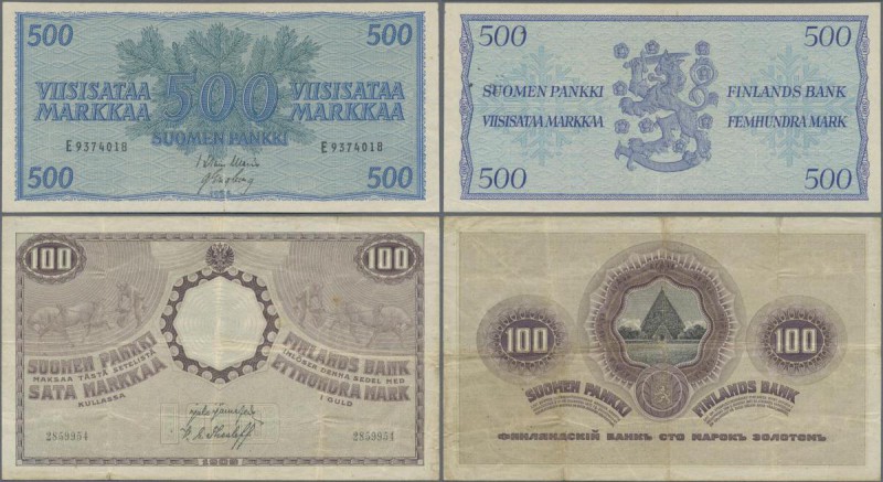 Finland: Pair with 100 Markkaa 1909 P.22 (F) and 500 Markkaa 1956 P.96 (XF). (2 ...