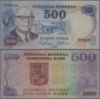 Finland: 500 Markkaa 1975 P. 110b, 4 vertical folds and light handling in paper but still very crisp and colorful, no holes or tears, condition: VF.
...