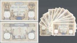 France: set of 19 notes 1000 Francs 1937-1940 P. 90, all notes used with folds, creases, pinholes, border tears possible but all original crisp with b...