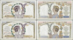 France: set of 2 CONSECUTIVE notes 5000 Francs ”Victoire” 1943 P. 97, S/N 30428351 & -352, both notes in similar condition, with only light folds, min...