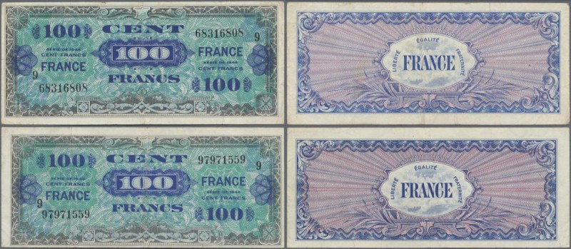 France: Pair of the 100 Francs Allied Forces 1944, both with block number ”9”, P...