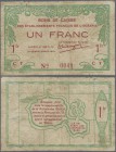 French Oceania: 1 Franc L.25.09.1943 P. 11c, well used with many folds and creases, stained paper, no holes but one minor split and border tear at upp...