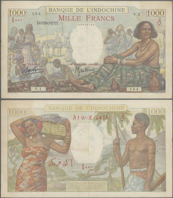 French Somaliland: Banque de l'Indochine - Djibouti 1000 Francs ND(1938), P.10, ...