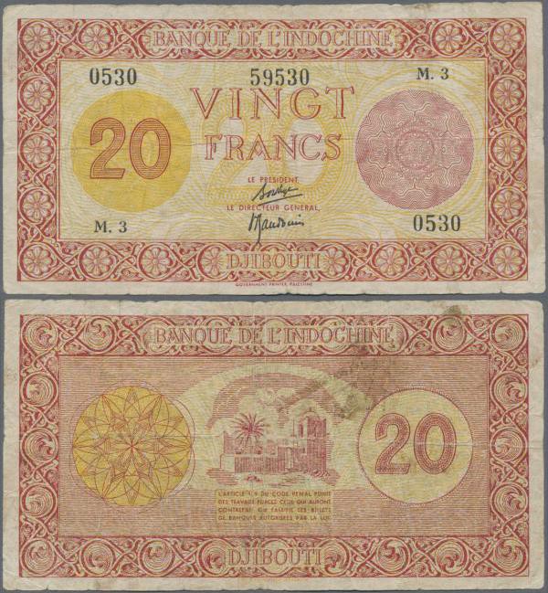 French Somaliland: Banque de l'Indochine 20 Francs ND(1945), P.15, still nice an...