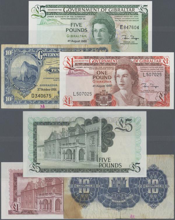 Gibraltar: set of 3 banknotes containing 10 Shillings 1958 P. 14c, used with fol...