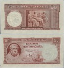 Greece: 50 Drachmai 1939 Color Trial in brown color P. 107ct with 2 traces of paper clips and a tiny stain dot at lower left corner, printed without s...