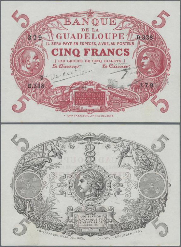 Guadeloupe: Banque de la Guadeloupe 5 Francs L.1901 (1928-45), P.7e, two very so...